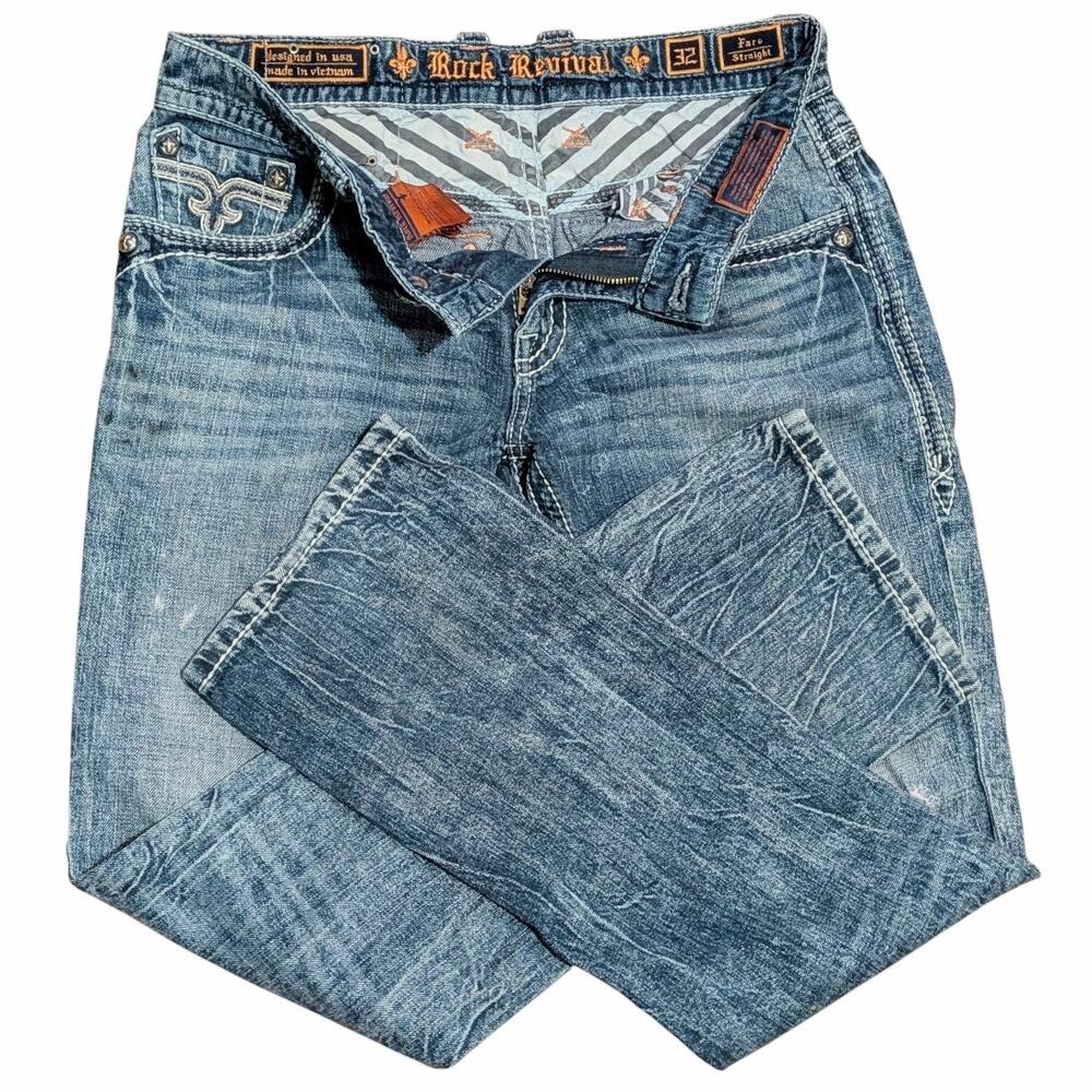 ROCK REVIVAL Faro Straight Fit Jeans Men's 32 Light Blue Acid Wash Flap Pockets - Picture 3 of 7